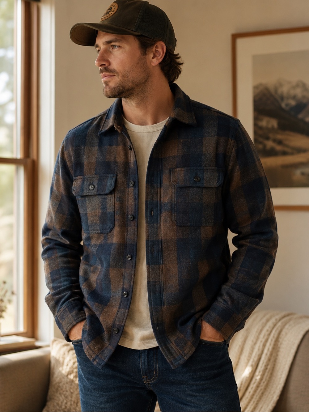 Men's Blue & Brown Plaid Lightweight Shirt Jacket - JEREMIAH
